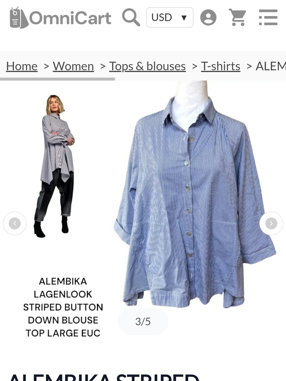 Alembika Classic Women's Blue Stripe Button- With Coloful Neck Line On Back - Picture 6 of 7
